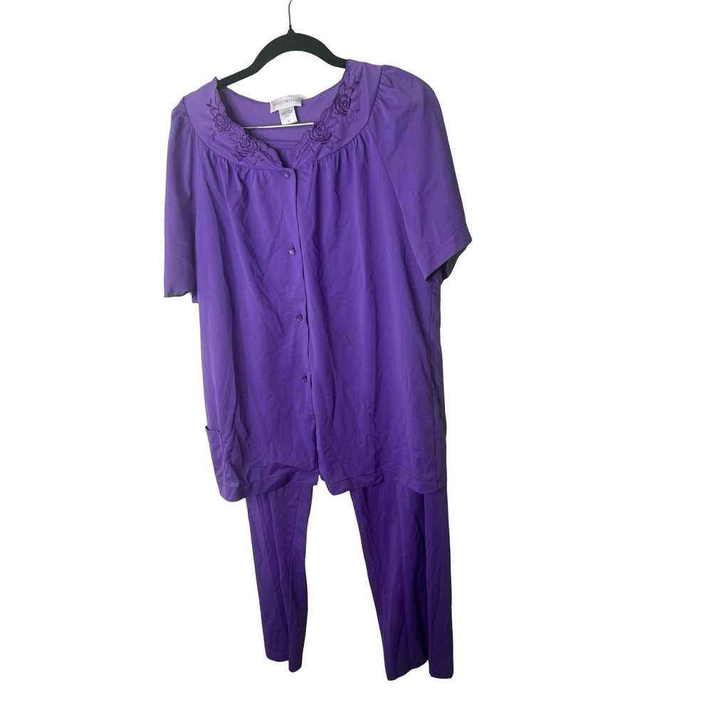 Vintage Shadowline PurplNylon Pajama Set Lace Pearl Button 2pc Sleepwear Size 38
